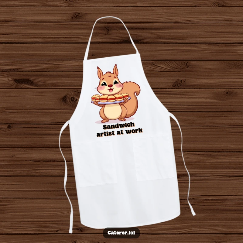 Funny Apron: A cheerful squirrel holds a large platter of tiny sandwiches with a flourish, ready for cooking.