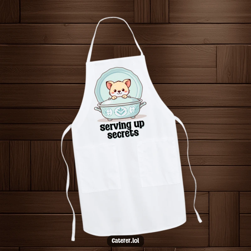 Funny apron depicting a playful animal peeking out from behind a large, decorative serving tray, adding humor to cooking.