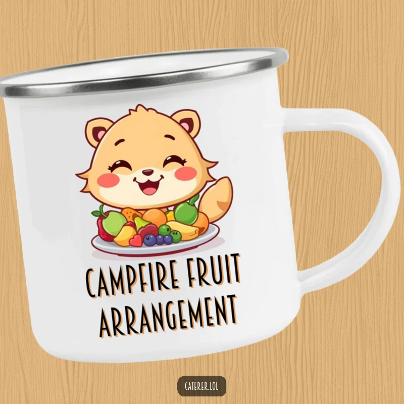 Funny camping mug with a cheerful animal, wide grin, artfully arranging colorful miniature fruits on a platter, designed for outdoor enthusiasts.