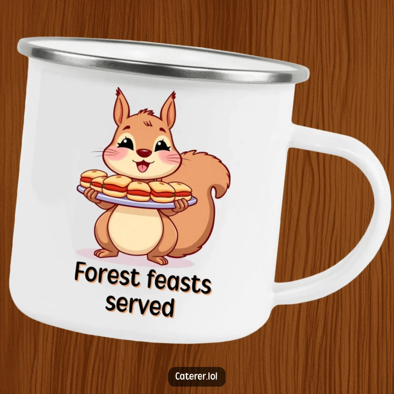 Funny Camping Mug: A cheerful squirrel holds a large platter of tiny sandwiches with a flourish, perfect for outdoor use.