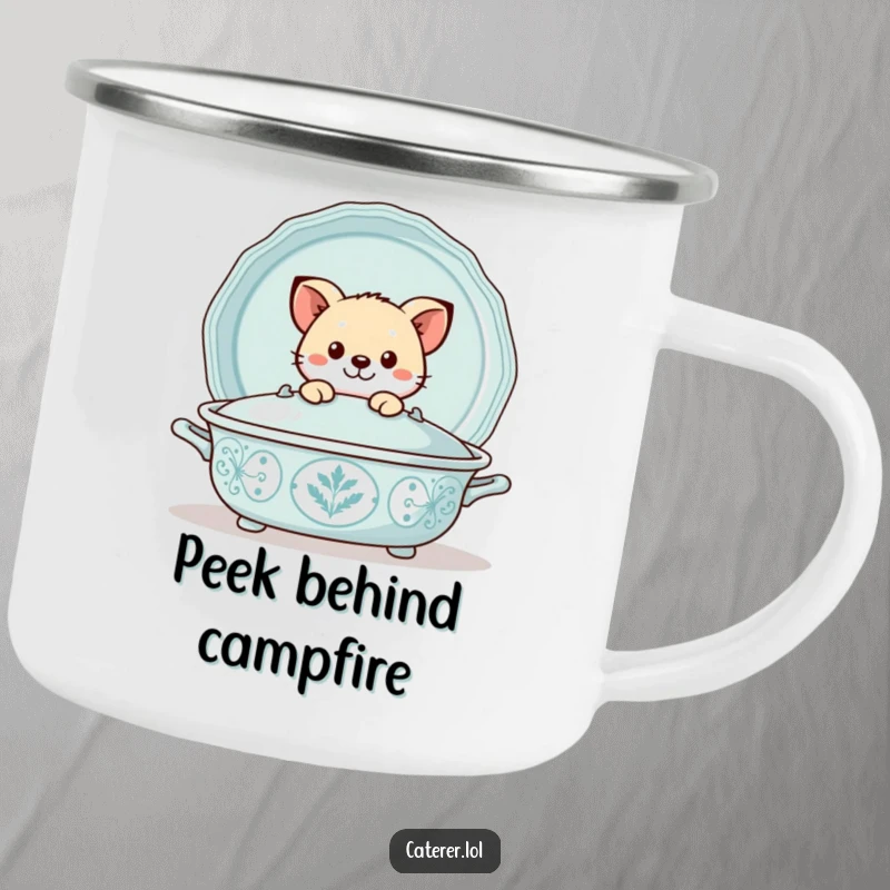 Funny camping mug showing a playful animal peeking out from behind a large, decorative serving tray, designed for adventurous fun.