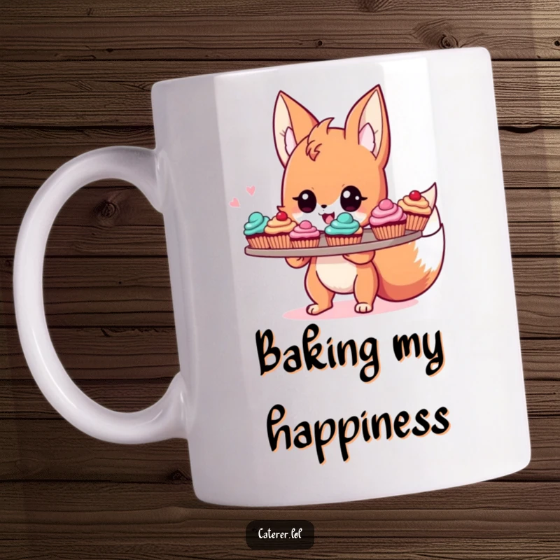 Funny mug featuring a cute, energetic fox sprite with a tray overflowing with a variety of colorful cupcakes, beaming with pride.