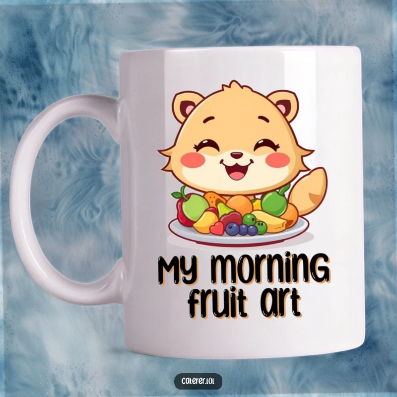 Funny mug featuring a cheerful animal with a wide grin artfully arranging colorful miniature fruits on a platter, celebrating culinary creativity.