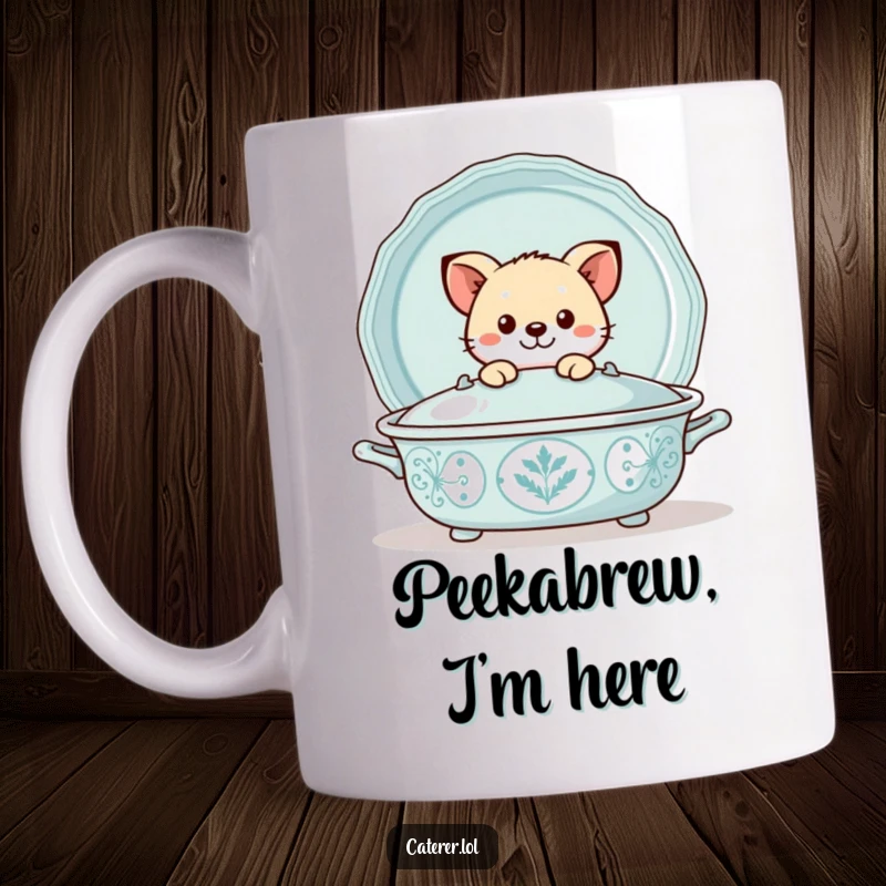 Funny mug featuring a playful animal peeking out from behind a large, decorative serving tray, creating a sense of delightful surprise.