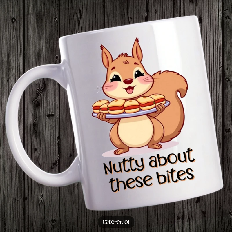 Funny Mug: A cheerful squirrel holds a large platter laden with tiny, perfectly made sandwiches with a dramatic flourish.