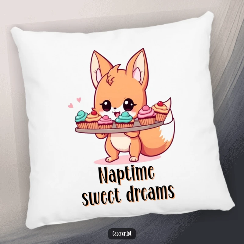Funny pillow featuring a cute, energetic fox sprite proudly displaying a tray of colorful cupcakes, embodying cozy baking pride.