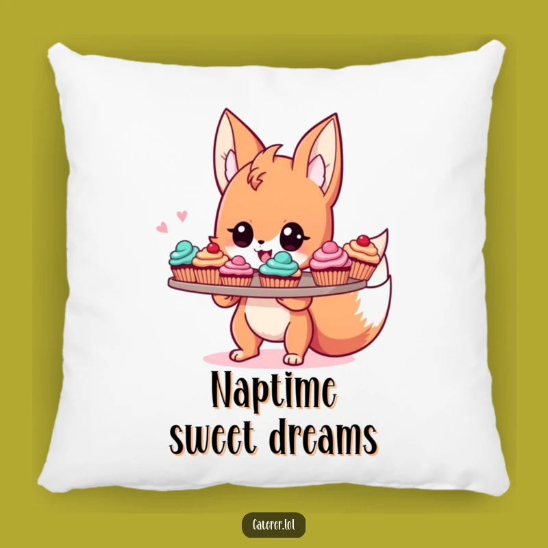 Funny Fox Baker Pillow: Energetic Sprite Guards Cupcakes, Cozy & Sweet