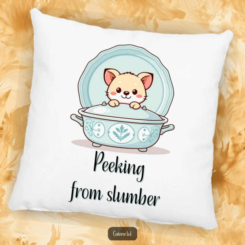 Funny pillow with a playful animal peeking out from behind a large, decorative serving tray, adding a touch of whimsy.
