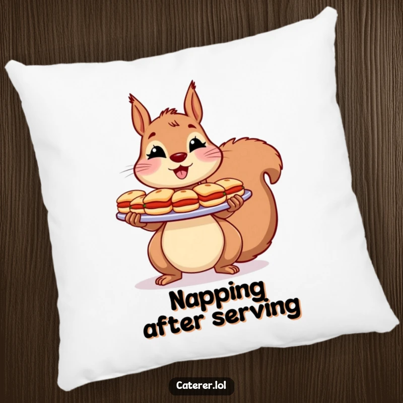 Funny Pillow: A cheerful squirrel holds a large platter of tiny sandwiches with a flourish, a cozy decor piece.