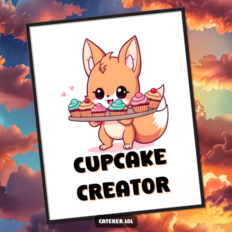 Funny digital art print of a cute, energetic fox sprite beaming with pride while holding a tray of colorful, delicious cupcakes.