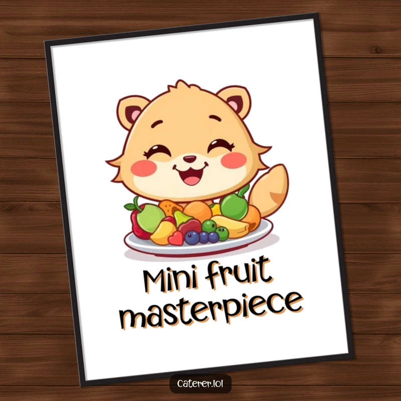 Funny digital art print of a cheerful animal with a wide grin artfully arranging colorful miniature fruits on a platter, ready for instant download.