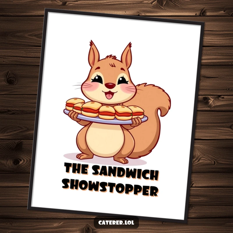 Funny Digital Art: A cheerful squirrel holds a large platter of tiny sandwiches with a flourish, ready to be printed.