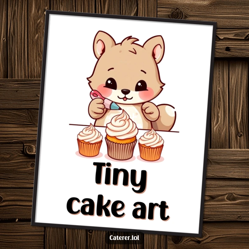 Funny digital art print of a determined animal meticulously piping delicate frosting patterns onto tiny cupcakes, ready for instant download.