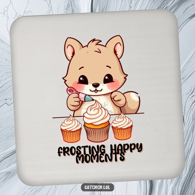 Funny drink coasters featuring a determined animal meticulously piping delicate frosting patterns onto tiny cupcakes, perfect for baking enthusiasts.