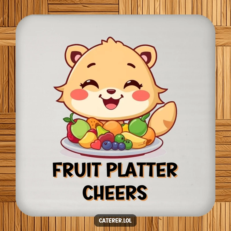 Funny drink coasters featuring a cheerful animal with a wide grin artfully arranging colorful miniature fruits on a platter, protecting surfaces with art.