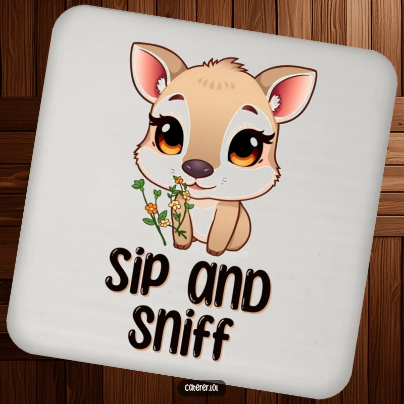 Funny drink coasters featuring a curious animal with large eyes sniffing a small, fragrant bouquet of herbs, protecting surfaces with natural art.