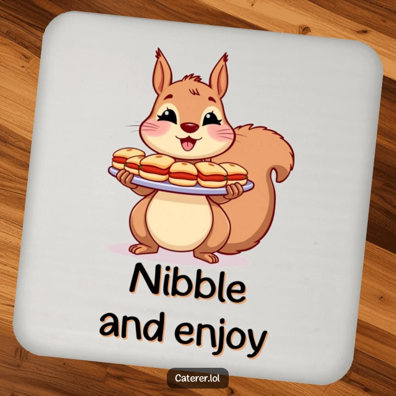 Funny Coaster: A cheerful squirrel holds a large platter of tiny sandwiches with a flourish, protecting your furniture.