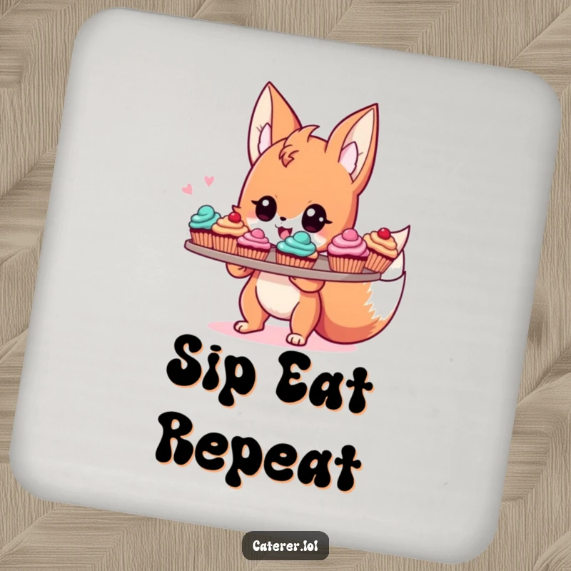 Funny drink coaster featuring a cute, energetic fox sprite proudly holding a tray of colorful cupcakes, adding humor to any surface.