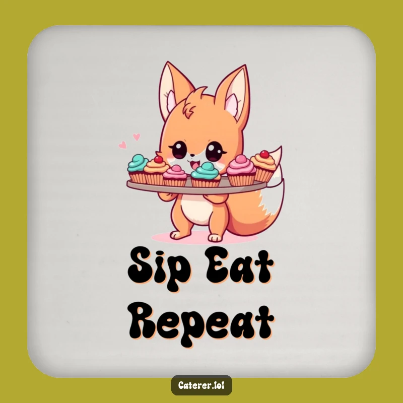 Funny Fox Baker Coaster: Energetic Sprite Guards Drinks with Cupcakes