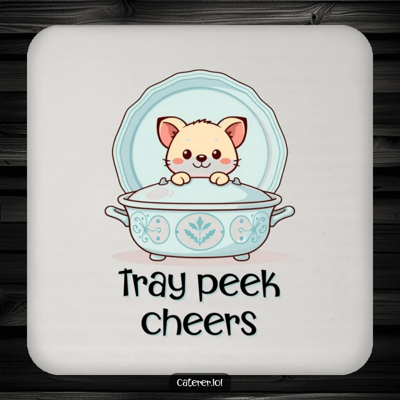 Funny drink coasters featuring a playful animal peeking out from behind a large, decorative serving tray, adding charm and protection.
