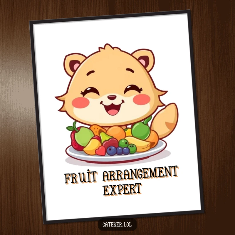 Funny poster featuring a cheerful animal with a wide grin artfully arranging colorful miniature fruits on a platter, a delightful piece of whimsical wall art.