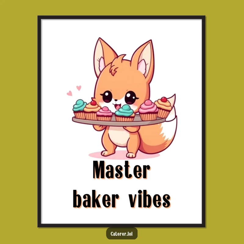 Funny Fox Baker Poster: Energetic Sprite with Cupcakes, Sweet Wall Art
