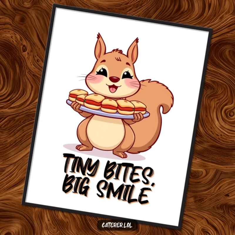 Funny Poster: A cheerful squirrel holds a large platter of tiny sandwiches with a flourish, perfect for wall art.