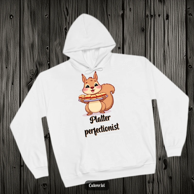 Funny Hoodie: A cheerful squirrel holds a large platter of tiny sandwiches with a flourish, ready for a party.