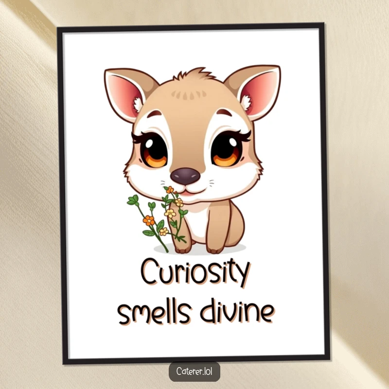 Funny Free Printable Wall Art: An animal with large, curious eyes sniffing a small, fragrant bouquet of herbs.