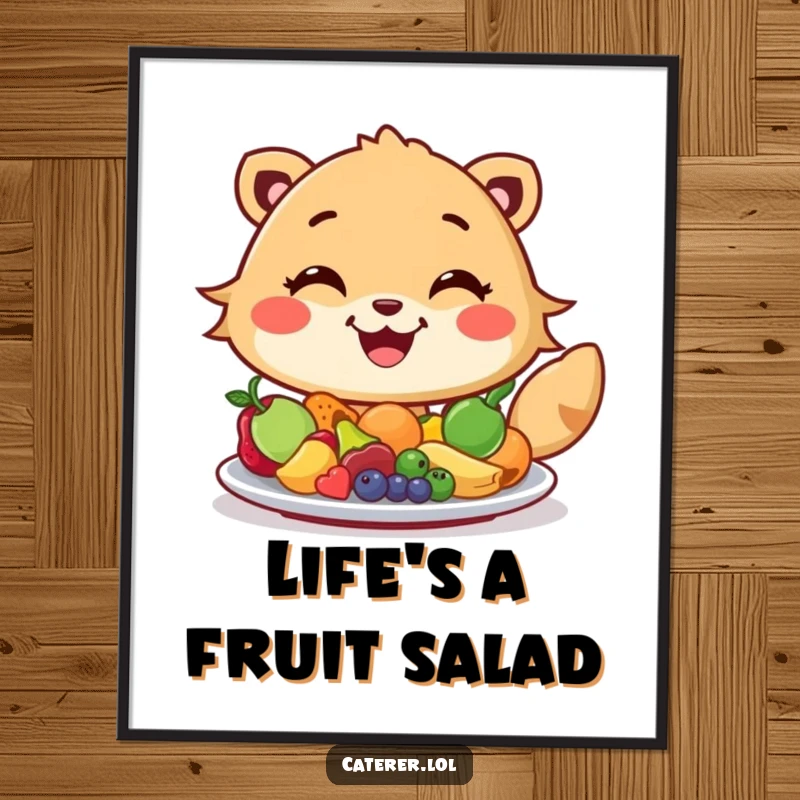 Funny Free Printable Wall Art: A cheerful animal with a wide grin artfully arranging colorful miniature fruits on a platter.