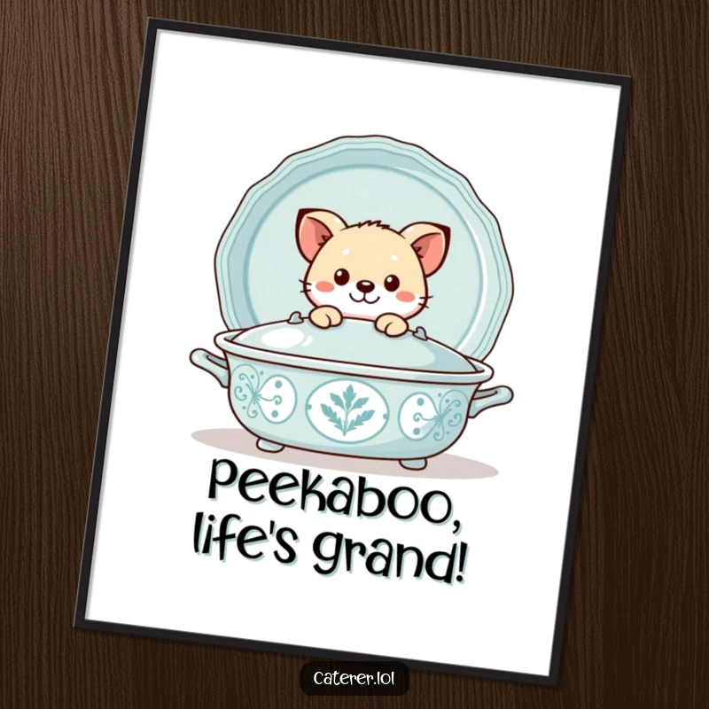 Funny Free Printable Wall Art: A playful animal peeking mischievously out from behind a large, decorative serving tray.