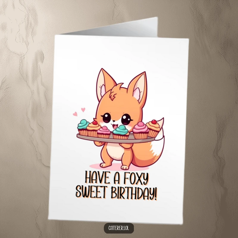 Funny Free Printable Birthday Card: Cute, energetic Fox Sprite beaming with pride while holding a tray of colorful, delicious cupcakes.