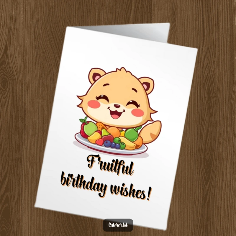 Funny Free Printable Birthday Card: Cheerful animal with a big grin artfully arranging tiny colorful fruits on a platter.