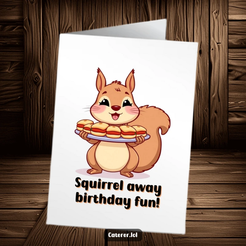 Funny Free Printable Birthday Card: Cheerful squirrel holding a large platter overflowing with tiny, cute sandwiches.