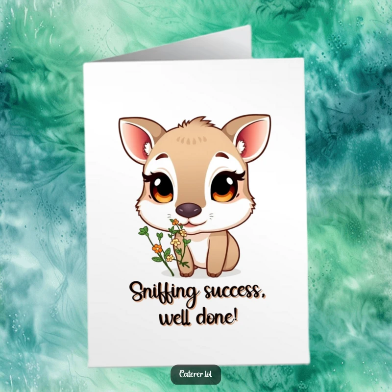 Funny Free Printable Congratulations Card: An animal with large, curious eyes sniffing a small, fragrant bouquet of herbs.