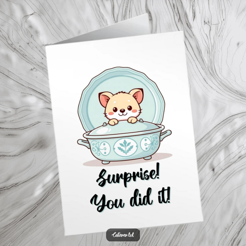 Funny Free Printable Congratulations Card: Playful animal peeking out from behind a large decorative serving tray.