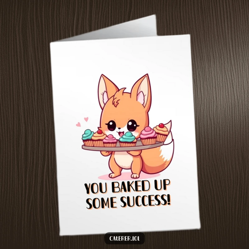 Funny Free Printable Congrats Card: Cute, energetic Fox Sprite beaming with pride, presenting a beautiful tray of colorful, perfectly decorated cupcakes.
