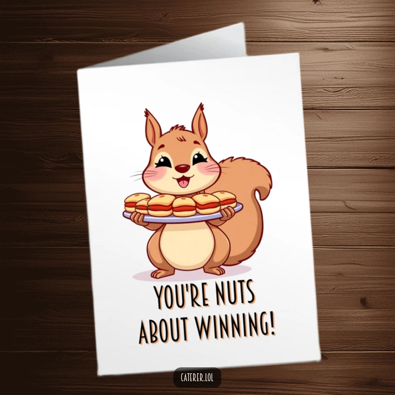 Funny Free Printable Congratulations Card: A cheerful squirrel proudly presents a large platter filled with miniature sandwiches.