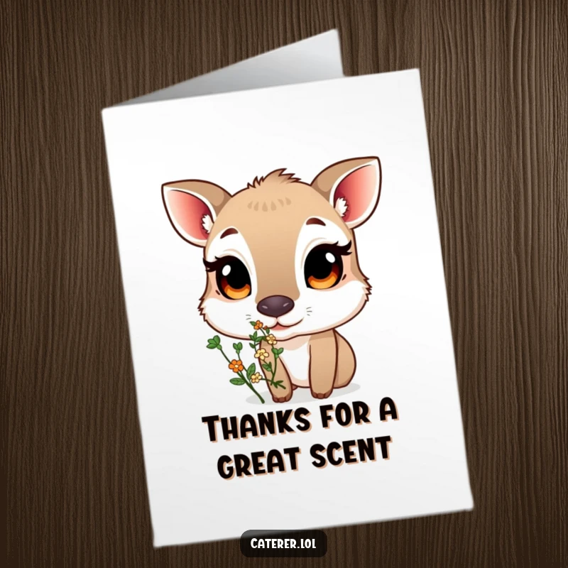 Funny Free Printable Thank You Card: Animal with large, curious eyes sniffing a small, fragrant bouquet of herbs.