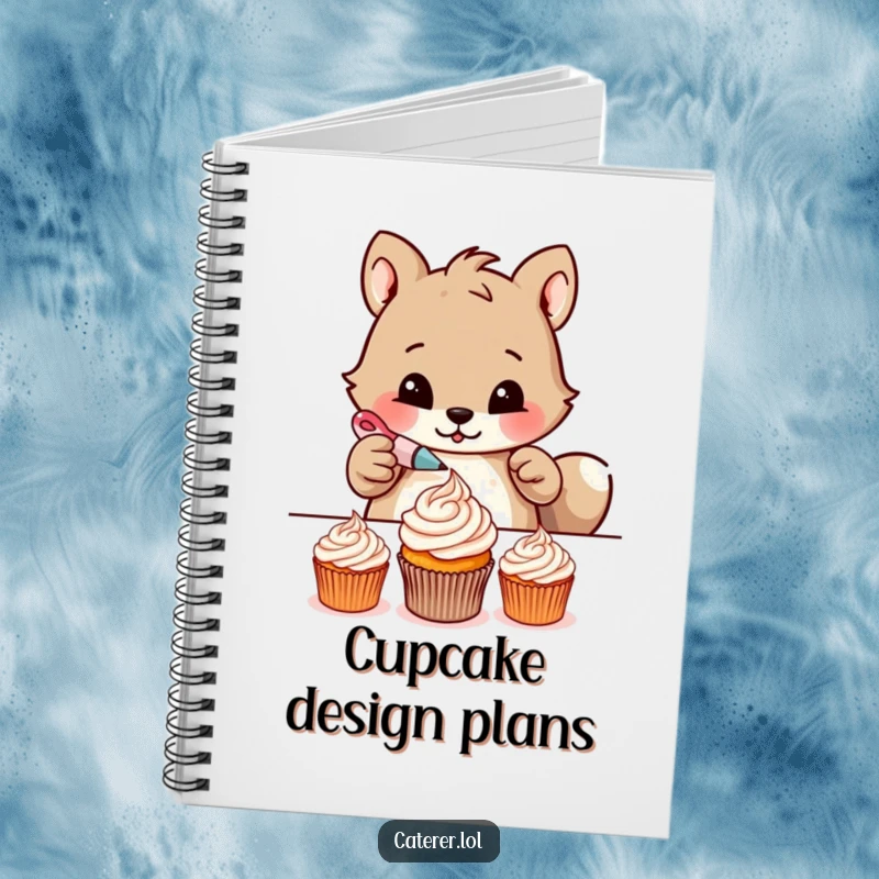 Funny notebook featuring a determined animal meticulously piping delicate frosting patterns onto tiny cupcakes, ideal for recipe writing.