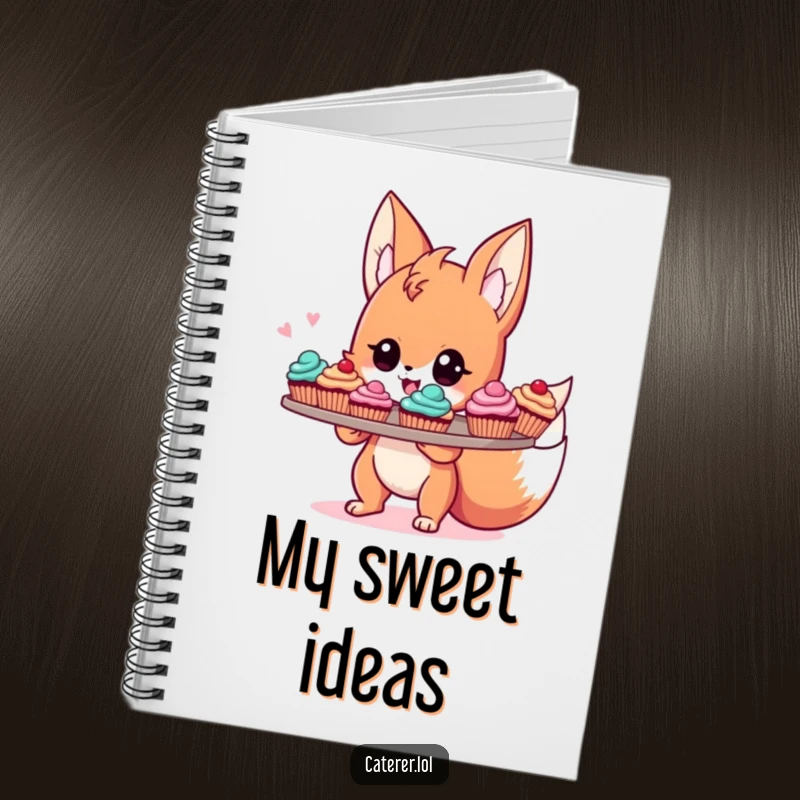 Funny notebook featuring a cute, energetic fox sprite proudly holding a tray of colorful cupcakes, perfect for recipes and baking notes.