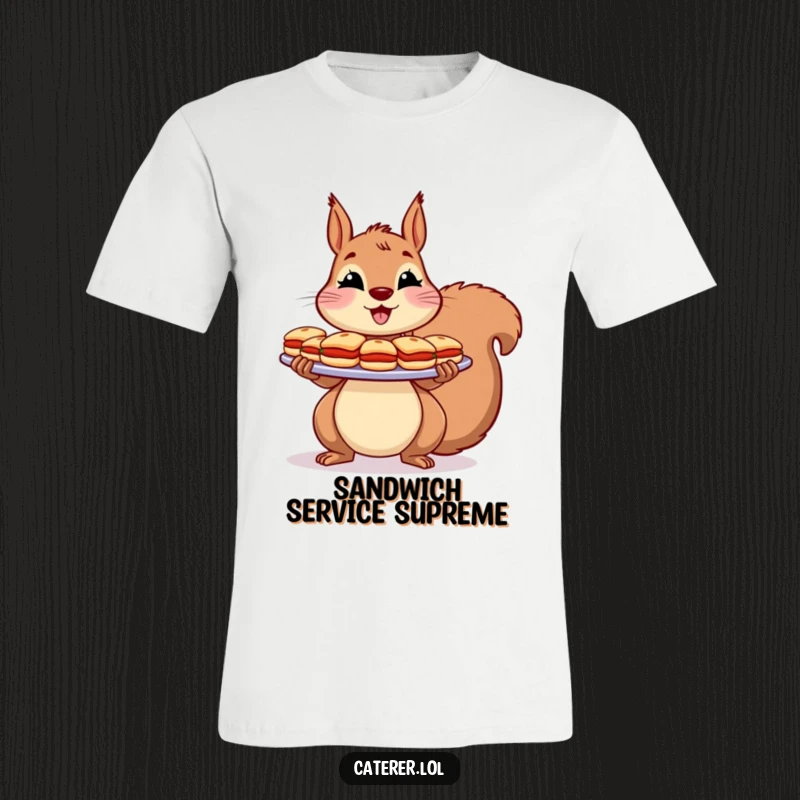 Funny T-Shirt: A cheerful squirrel proudly displays a large platter filled with numerous tiny sandwiches, ready to be shared.