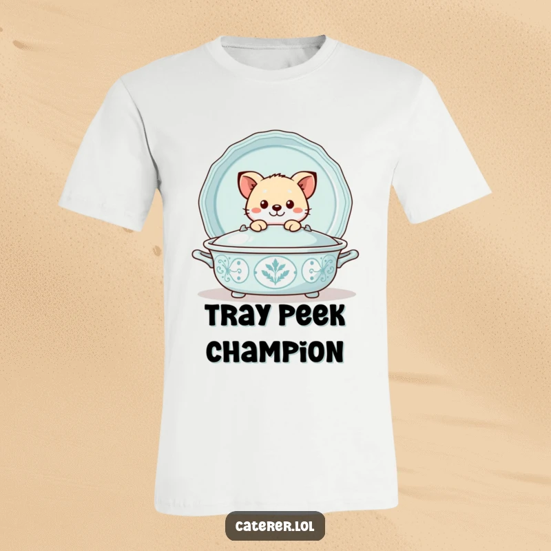 Funny t-shirt with a playful animal peeking out from behind a large, decorative serving tray, showcasing a fun and surprising moment.