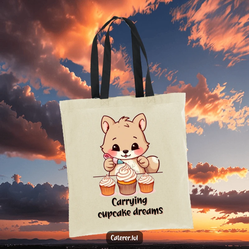 Funny tote bag featuring a determined animal meticulously piping delicate frosting patterns onto tiny cupcakes, a stylish accessory for bakers.
