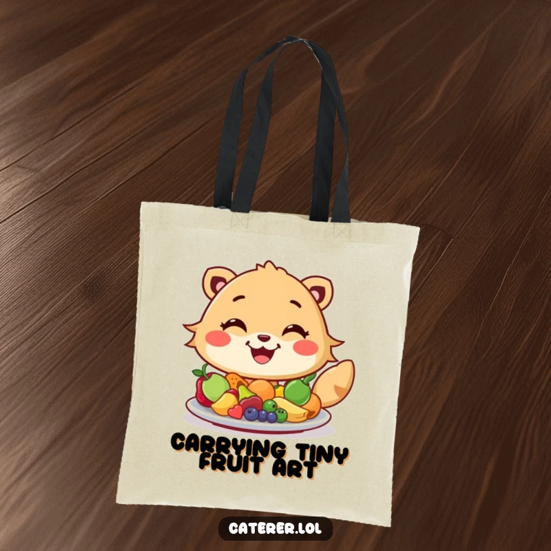 Funny tote bag showcasing a cheerful animal with a wide grin artfully arranging colorful miniature fruits on a platter, a stylish and practical accessory.
