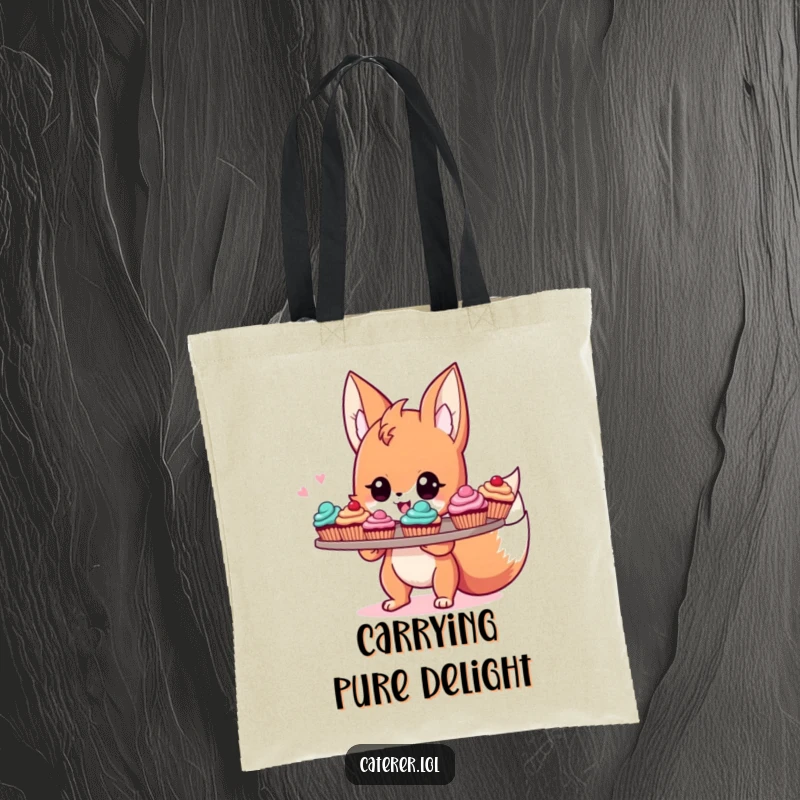 Funny tote bag showcasing a cute, energetic fox sprite proudly presenting a tray of colorful cupcakes, ideal for bakers and dessert lovers.
