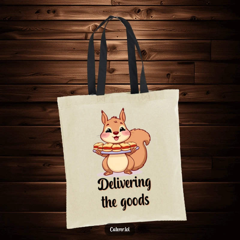 Funny Tote Bag: A cheerful squirrel holds a large platter overflowing with tiny sandwiches, perfect for carrying groceries.